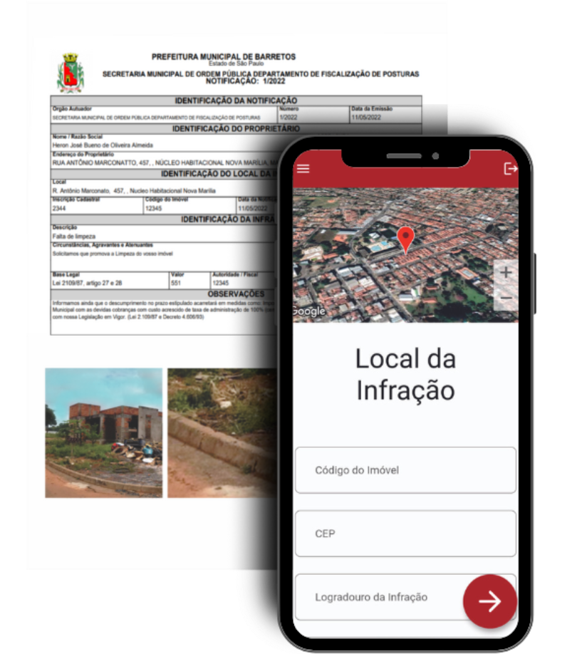 Ferramenta de fiscalização de posturas urbanas com visualização de infrações e localização de imóveis.